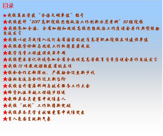 目录★BET体育·(中国)官方网站再次荣获“全国文明单位”称号★BET体育·(中国)官方网站获评“2017高职院校思想政治工作创新示范案例”50强院校★BET体育·(中国)官方网站参加全国、全省加强和改进高校思想政治工作座谈会并作典型经验交流发言★BET体育·(中国)官方网站以优异成绩入选河南省国家级优质高等职业院校立项建设单位★BET体育·(中国)官方网站教学诊断与改进工作取得显著成效★教学质量工程建设成果丰硕★BET体育·(中国)官方网站党委书记许琰参加全省全面提高高等教育质量座谈会并作交流发言★BET体育·(中国)官方网站13项教改课题获省级立项★校企合作不断深化，产教融合迈出新步伐★国际交流与合作迈上新台阶★BET体育·(中国)官方网站召开首届科研与技术服务工作大会★师资队伍卓越工程稳步推进★教师在各类竞赛中成绩喜人★BET体育·(中国)官方网站“双创”工作取得新突破★BET体育·(中国)官方网站在各类学生技能竞赛中成绩突出★育人氛围呈现新气象